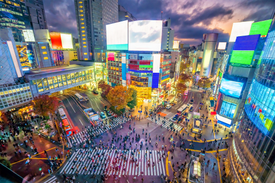 Blick auf eine große Kreuzung in der Megacity Tokio im Nachlicht mit grellen Leuchtreklamen an Hochhäusern
